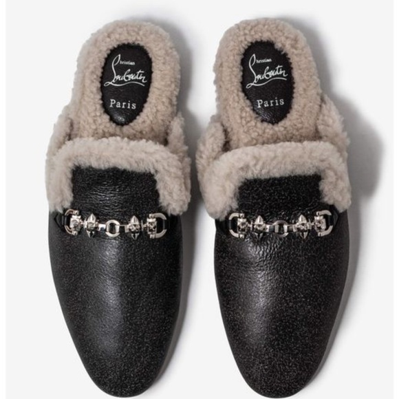 Christian Louboutin mens red bottom spike shearling leather loafer mules NWB - Picture 3 of 11